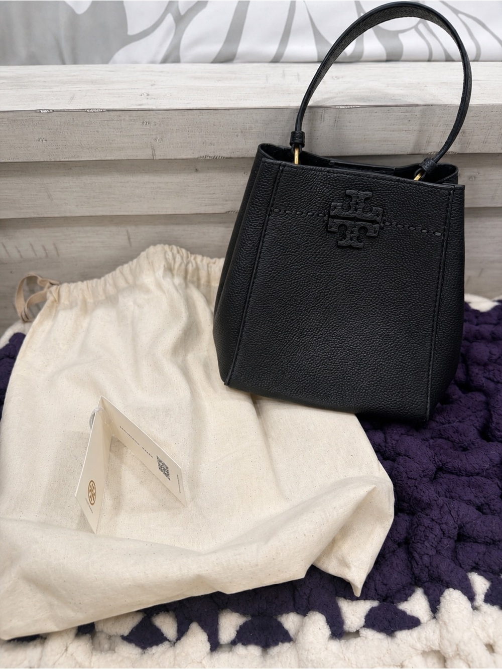 Tory Burch McGraw Black Pebble Leather Bucket Bag